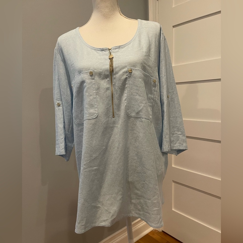 Anne Klein Linen Viscose Roll Tab Quarter Zip Tassle long Sleeve Blouse Size XL
